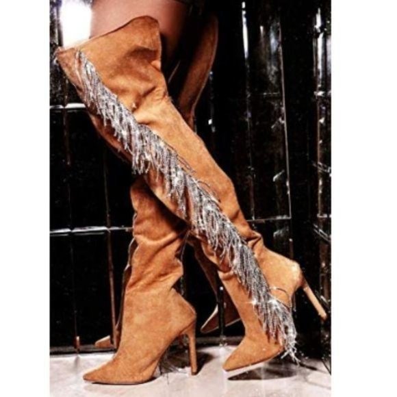 Pointy Toe OTK Boots w/ Rhinestone Fringe in Tan - Picture 5 of 6